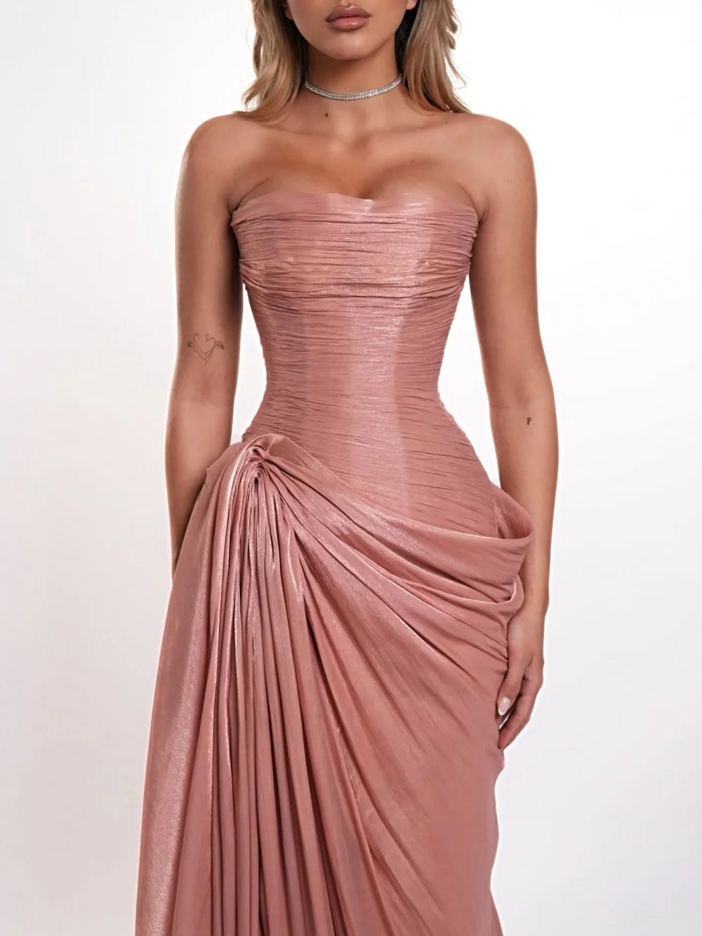 Bella Customized Dusty Pink Chiffon Elegant Prom Dresses Strapless Mermaid vestidos de noche Ruched High Slit Formal Evening