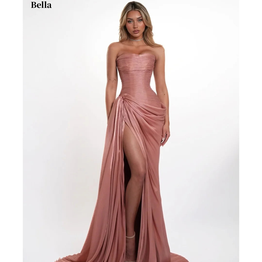 Bella Customized Dusty Pink Chiffon Elegant Prom Dresses Strapless Mermaid vestidos de noche Ruched High Slit Formal Evening
