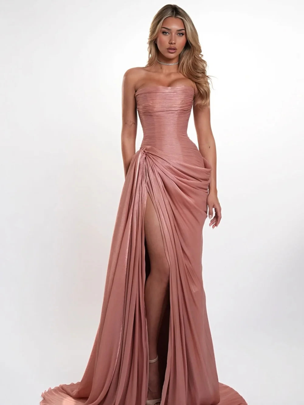 Bella Customized Dusty Pink Chiffon Elegant Prom Dresses Strapless Mermaid vestidos de noche Ruched High Slit Formal Evening